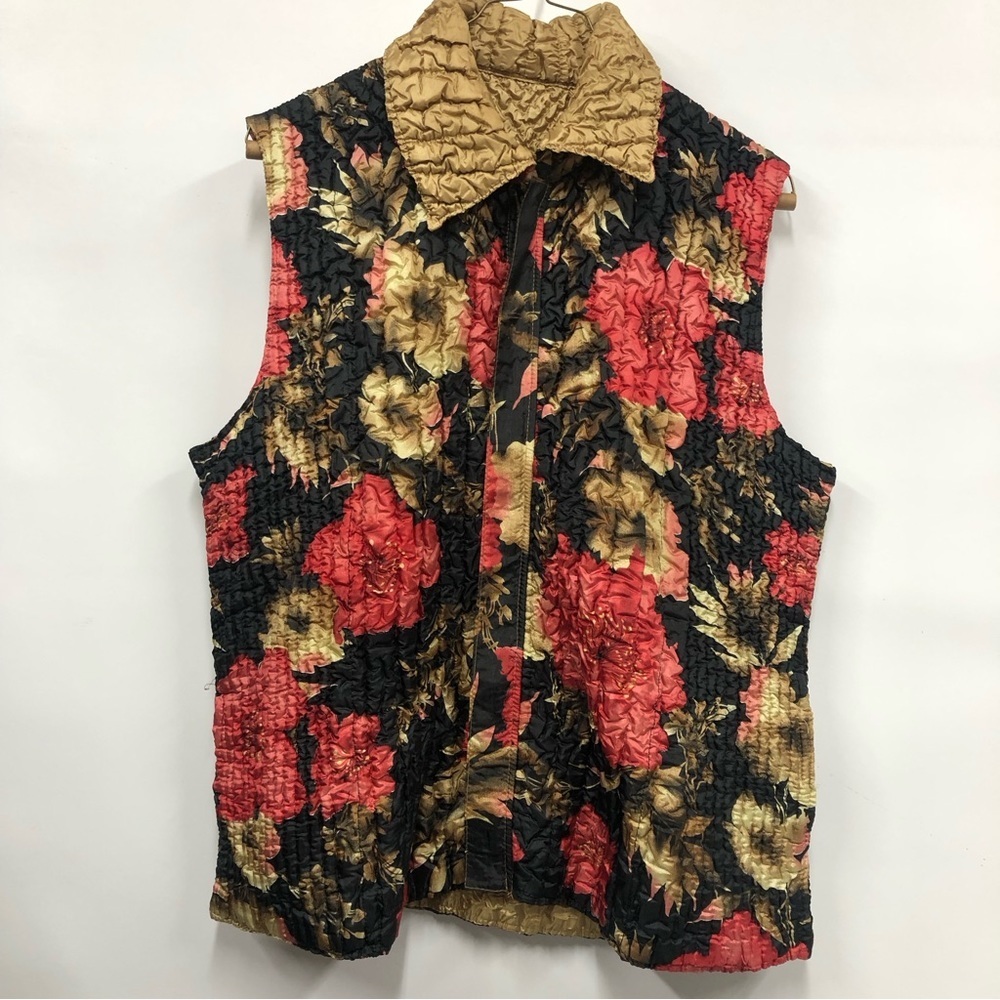 THE MAGIC SCARF COMPANY bold floral reversible quilted vest size S-L zip up